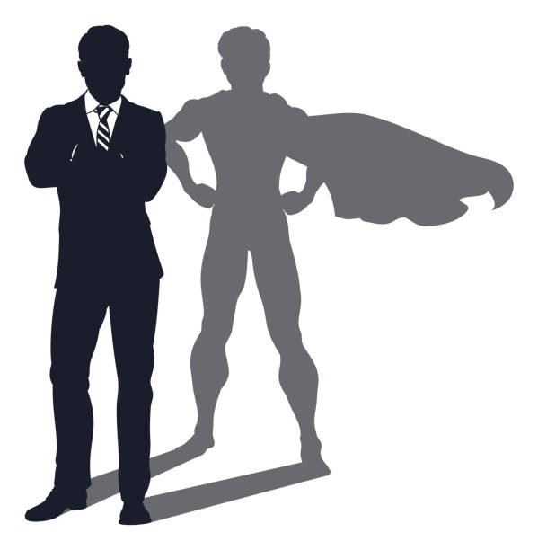 Superhero Shadow Businessman Concept illustration of a business man revealed as a super hero by his shadow entrepreneur silhouettes stock illustrations