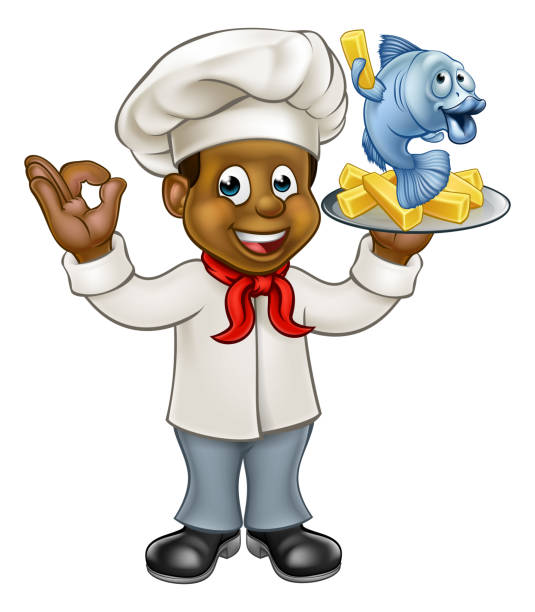мультфильм черный шеф-повар рыбы и чипсы - prepared fish fish and chips french fries letter n stock illustrations