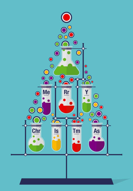 weihnachten baum aus reagenzgläsern und bläschen auf cyan hintergrund - chemie-symbole - reagenzgläser bunt stock-grafiken, -clipart, -cartoons und -symbole