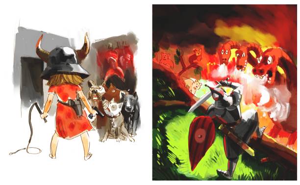 istock knight, dragon, dog, Fairy tale illustration 913371094