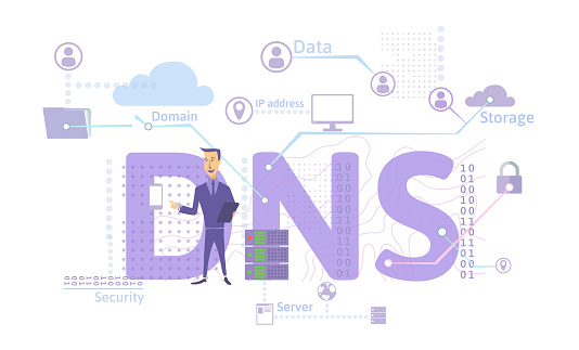 DNS concept, Domain Name System. Decentralized naming system for computers, devices, services, or other resources. Vector illustration in flat style, isolated on white background.