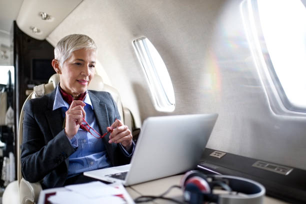 istock Businesswoman in private jet airplane 913375562