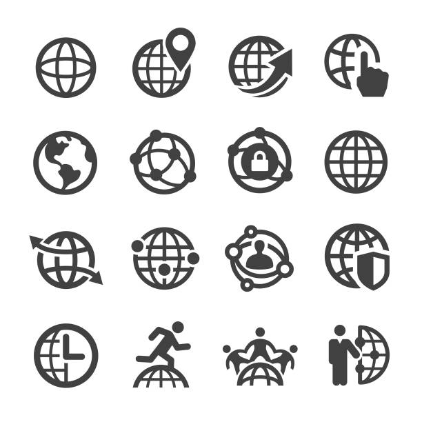 illustrazioni stock, clip art, cartoni animati e icone di tendenza di icone del globo e della comunicazione - serie acme - pianeta terra immagine
