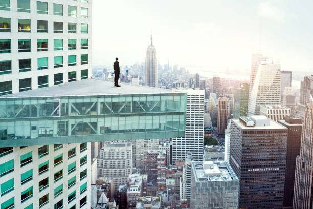 giovane che guarda lo skyline della città a new york - roof men business city foto e immagini stock