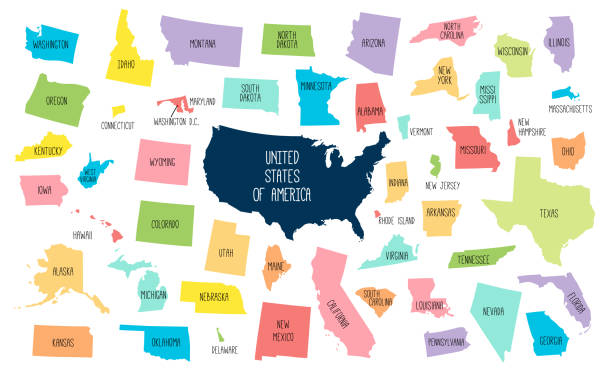 USA map with separated states USA map with separated states. Colorful outlines of the 50 states with labels massachusetts map stock illustrations