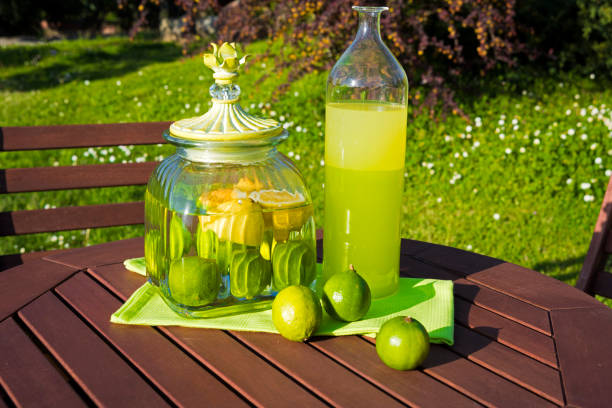 Lemonade on wooden table in garden