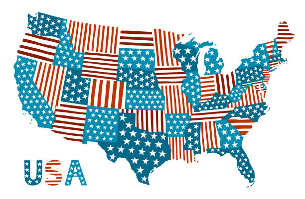 Patchwork style map of the United States Vector map of the USA. Patchwork cartoon illustration with stars and stripes drawing of a state florida stock illustrations