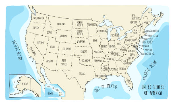 Vector illustration map of the USA Hand drawn vector map of the United States of America. Sketch illustration with all 50 states drawing of the hawaii islands stock illustrations