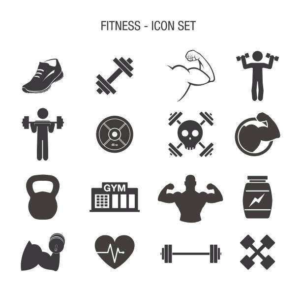 ilustraciones, imágenes clip art, dibujos animados e iconos de stock de conjunto de iconos de ejercicios - pesas