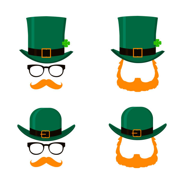 Vector set of Saint Patrick's Day character leprechaun with green hat, red beard and no face. Design elements for St. Patricks Day. Isolated on white background. Set of Saint Patrick's Day character leprechaun with green hat, red beard and no face. Design elements for St. Patricks Day. Isolated on white background. Vector illustration. leprechaun hat stock illustrations