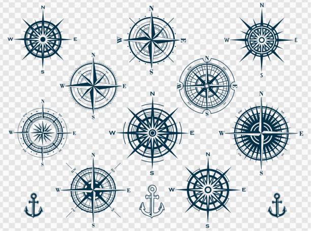 illustrazioni stock, clip art, cartoni animati e icone di tendenza di set di rose bussola o rose del vento - compass drawing compass map cartography