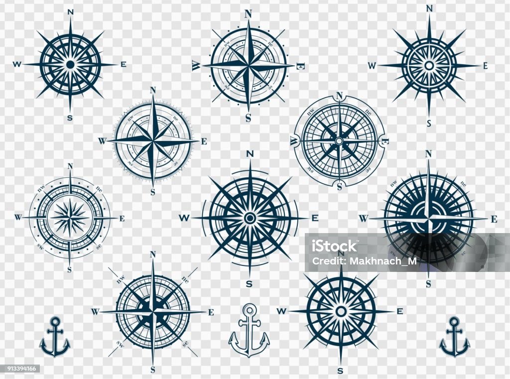 Set of compass roses or wind roses Set of wind roses silhouettes on transparent background. Compass vector illustrations. Navigational Compass stock vector