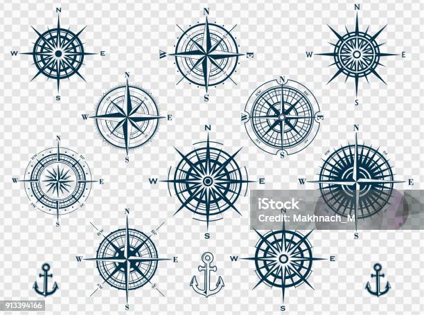 Set Of Compass Roses Or Wind Roses Stock Illustration - Download Image Now - Navigational Compass, Drawing Compass, Vector