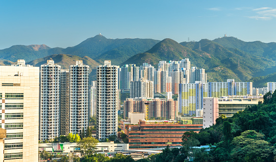 View of the Sha Tin District at East New Territories of Hong Kong. China