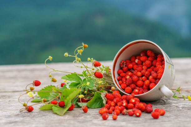 istock Wild forest strawberry on rustic wood table. 913394382