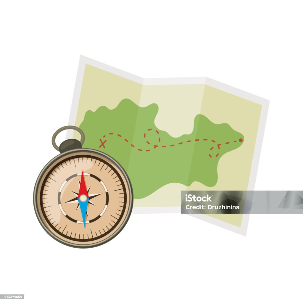 Camping and tourism equipment Map and compass for camping tourism, cartoon illustration of travel equipment. Vector Navigational Compass stock vector