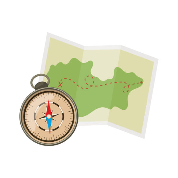 Camping and tourism equipment Map and compass for camping tourism, cartoon illustration of travel equipment. Vector orienteering stock illustrations