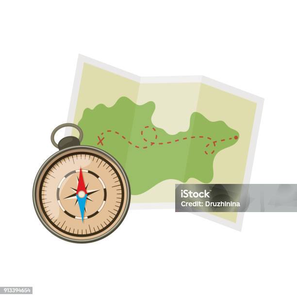 Camping And Tourism Equipment Stock Illustration - Download Image Now - Navigational Compass, Map, Cartoon