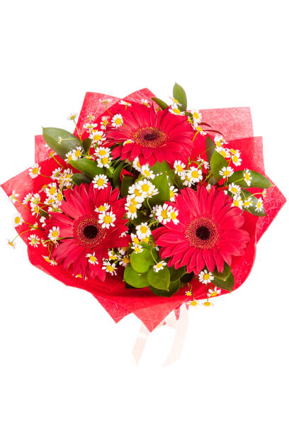 Bright buketny composition from fresh flowers, the white background