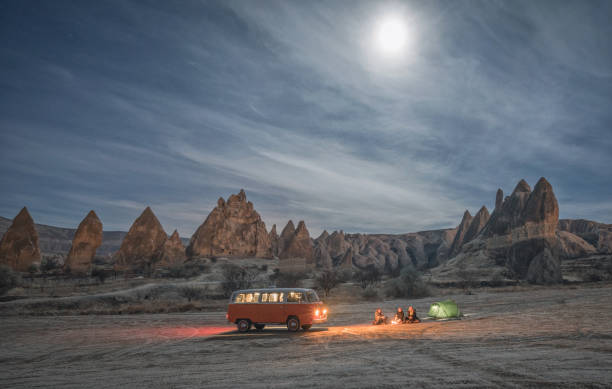 Cappadocia,Türkey - December 02, 2017:People are camping in moonlight in Cappadocia, Turkey