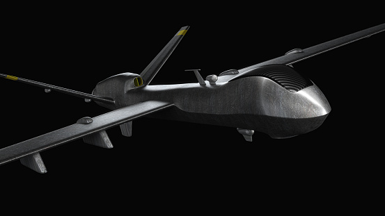 Military drone - 3d rendered image. Illustration of UAV remotely-operated on black background. Poster. Military technology concept.