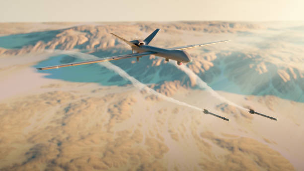 Military drone rocket attack Military drone rocket attack - 3d rendered image. Illustration of UAV remotely-operated. Aerial view. Desert. Landscape like Iraq, Iran, Afghanistan, Syria. Military technology concept. iran stock pictures, royalty-free photos & images