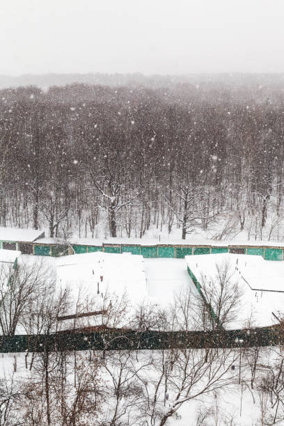 森の中、冬の車のガレージの降雪 - snow horizon winter shed ストックフォトと画像