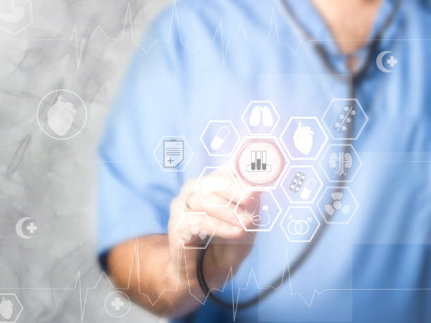 istock Doctor medicine with stethoscope in a hospital  touching icon network connection with modern virtual screen interface, medical technology network concept. 913406464