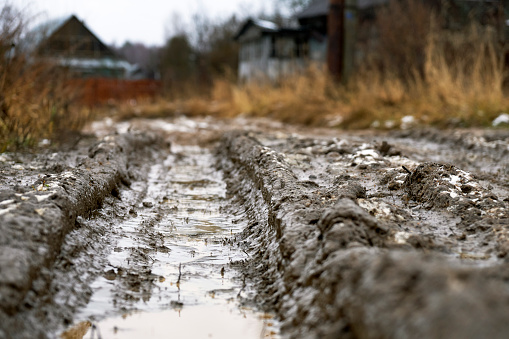 Off-road, ruts, tracks from car wheels on frozen ground in frost. Mud off-road.