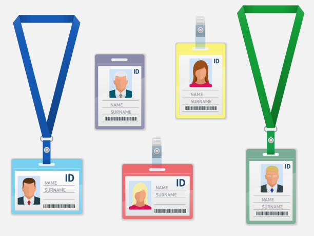 Set of Employees Identification White Blank Plastic Id Cards with Clasp and Lanyards Isolated Set of Employees Identification White Blank Plastic Id Cards with Clasp and Lanyards Isolated Vector Illustration visit card stock illustrations