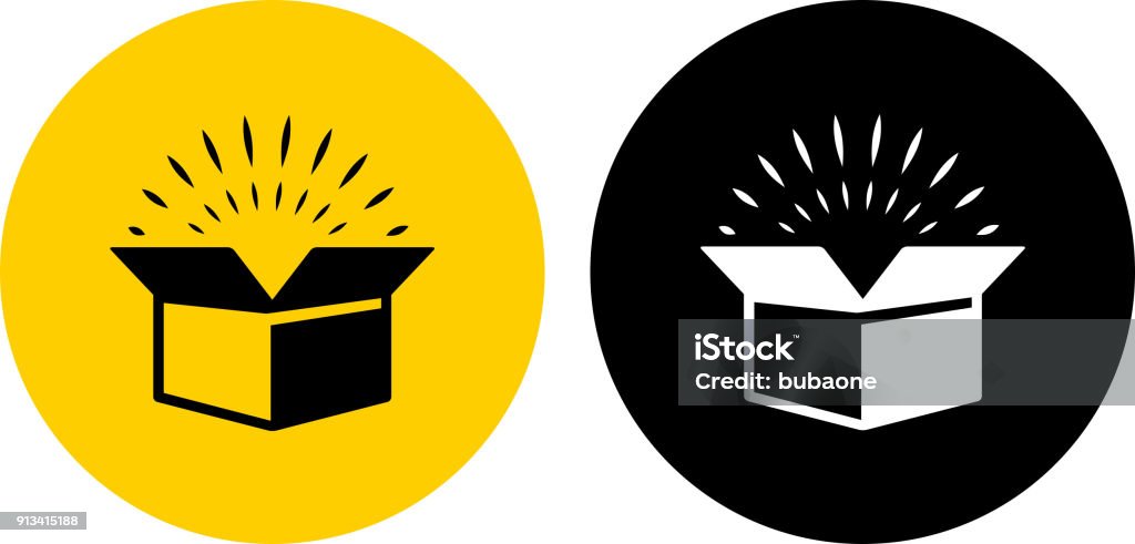 Open Gift Box. Open Gift Box.. The icon is black and is placed on a round yellow vector sticker. The background is white. There is an alternate black and white round button on the left side of the image. The composition is simple and elegant. The vector icon is the most prominent part if this illustration. The yellow and black contrast is a good representation for alert, warning and notice signs. The black and white version is also included in the download. Box - Container stock vector