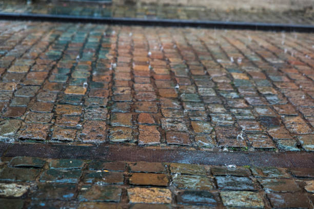Rainy day on a street with cobblestone floor