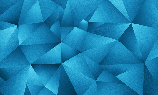 blue background image of triangle geometric shapes in a vector style but constructed of multiple layers of textured art paper to give a natural texture with actual photographic images