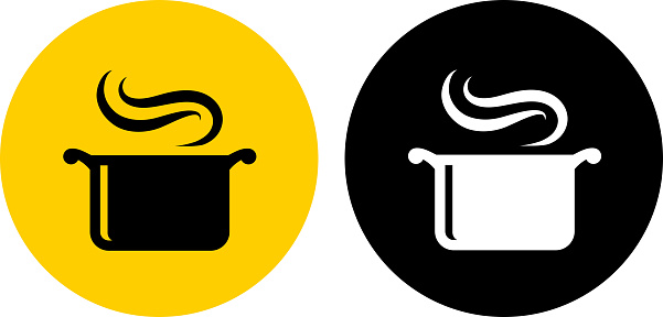 Steam Pot.. The icon is black and is placed on a round yellow vector sticker. The background is white. There is an alternate black and white round button on the left side of the image. The composition is simple and elegant. The vector icon is the most prominent part if this illustration. The yellow and black contrast is a good representation for alert, warning and notice signs. The black and white version is also included in the download.