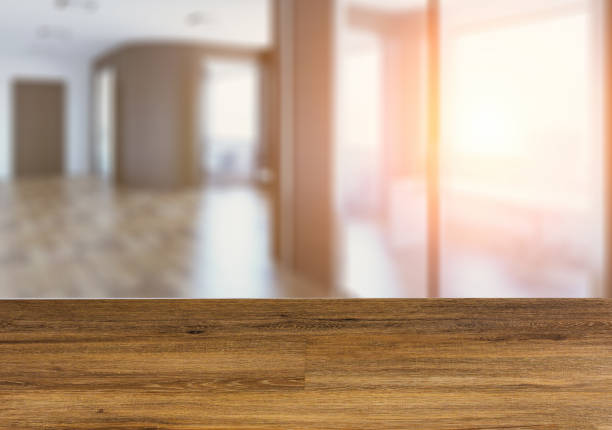 istock Background with empty wooden table. Flooring. Modern office Cabinet. Meeting room. 913423116