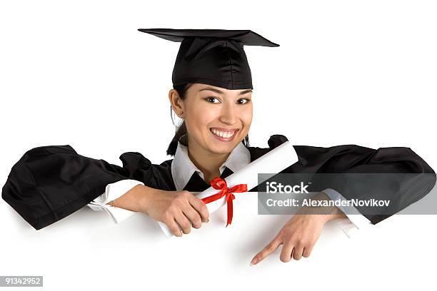 Smiling Female Graduate Holding A Sign With Diploma Xxxl Stock Photo - Download Image Now