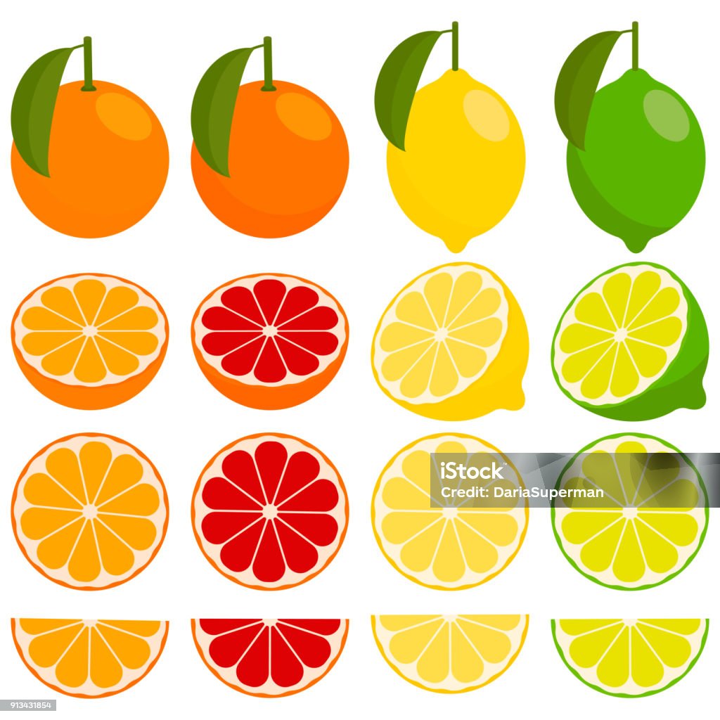 icon set with vector citrus. icons vector citrus fruits: orange, lemon, lime, grapefruit, tangerine. set with whole fruit and a half, with leaves and without. vector illustration in a flat style. Lime stock vector