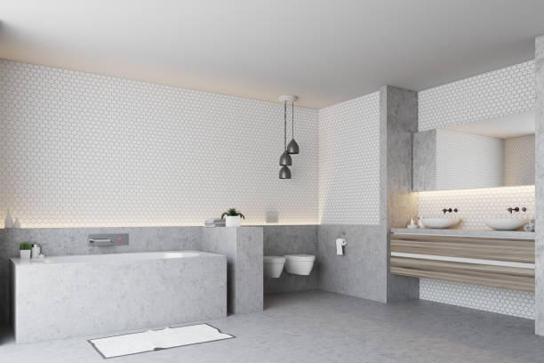 istock White bathroom corner, gray tub 913434870