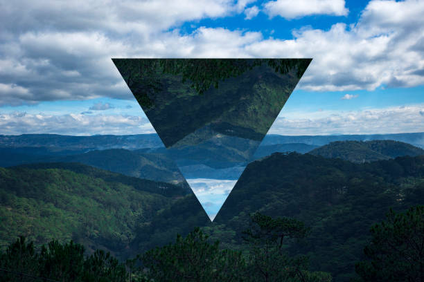 foggy forest green mountain landscape.Trendy minimalist Polyscape effect with triangle