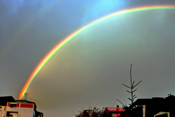 istock Rainbow over buildings in dark weather 913439154