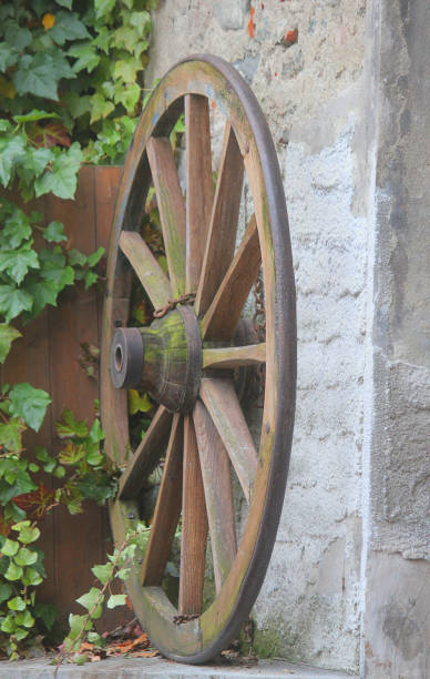 istock wooden wheel near the wall 913439336