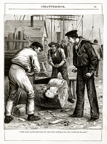 Very Rare, Beautifully Illustrated Victorian Antique Engraving of Two Men Sawing a Log on the docks Victorian Engraving from Chatterbox Illustrated Magazine. Published in 1894. Copyright has expired on this artwork. Digitally restored.