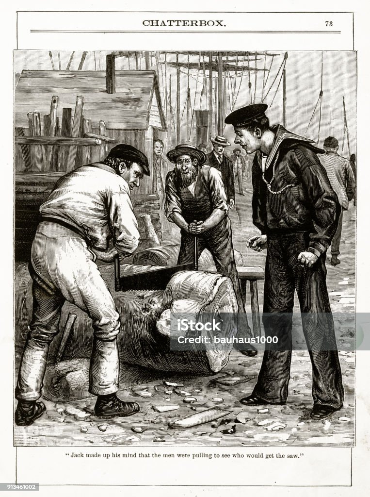 Two Men Sawing a Log Victorian Engraving Very Rare, Beautifully Illustrated Victorian Antique Engraving of Two Men Sawing a Log on the docks Victorian Engraving from Chatterbox Illustrated Magazine. Published in 1894. Copyright has expired on this artwork. Digitally restored. Archival stock illustration