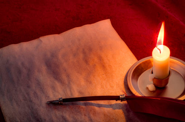 Literature and calligraphy concept with a old blank paper sheet with room for text, vintage  quill and a candle illuminating the scene in candlelight, with copy space