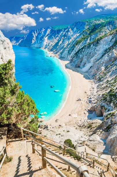 Famous Platia Ammos beach in Kefalonia island, Greece The beach was affected by the earthquake in the spring of 2014 and it is very difficult to go down on the beach. corfu stock pictures, royalty-free photos & images