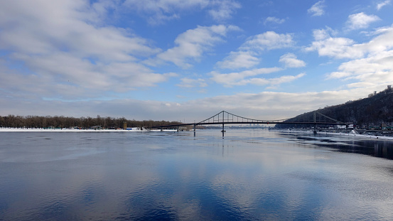 Dnieper River in Kiev, Pedestrian bridge. Winter