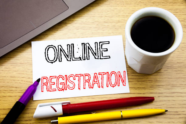 istock Handwritten text caption showing Online Registration. Business concept writing for Internet Login written on notebook book on the wooden background in the Office with laptop coffee 913471412
