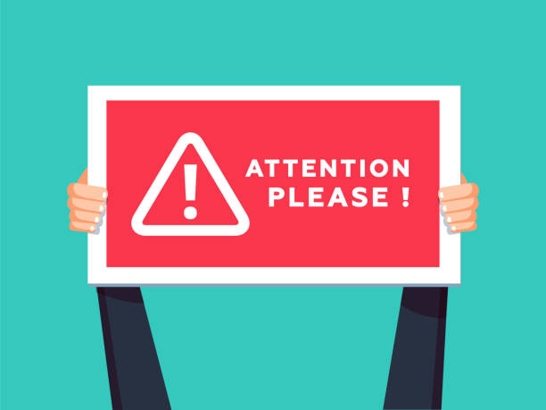 Attention please concept vector illustration of important announcement. Flat human hands hold caution red sign. Attention please concept vector illustration of important announcement. Flat human hands hold caution red sign and banners to pay attention and be careful on green background please sign here stock illustrations