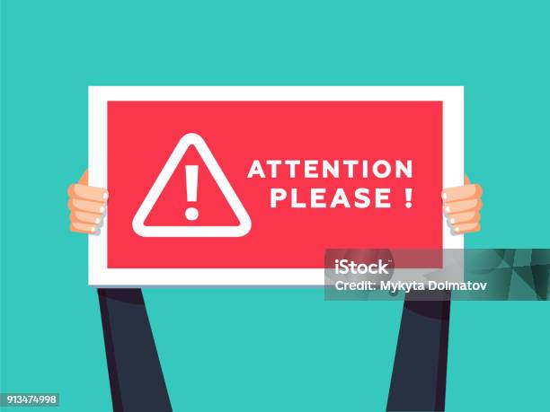 Attention Please Concept Vector Illustration Of Important Announcement Flat Human Hands Hold Caution Red Sign Stock Illustration - Download Image Now