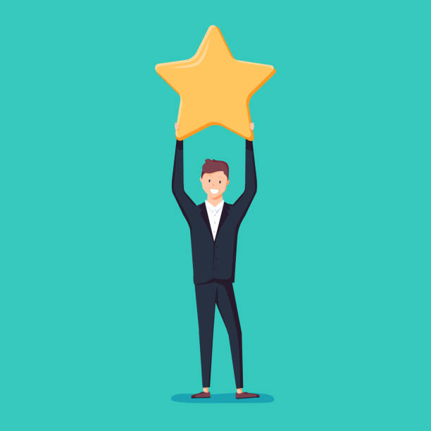 Businessman hold a big gold star. Victory, rating. Vector, illustration, flat. Businessman hold a big gold star. Victory, rating. Vector, illustration, flat. Positive star feedback. Victory or classification rating concept. Quality assurance survey. vanity mirror stock illustrations